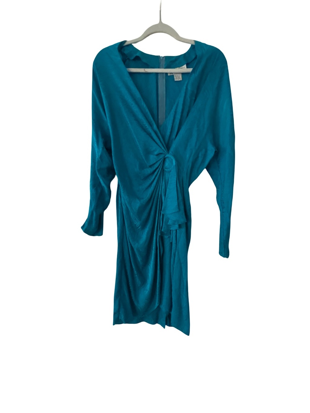 VTG Argenti 100% Silk Teal Jacquard Draped Ring Mini Dress Size 10 Mob Wife